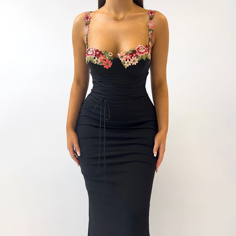Damen Verspieltes Maxikleid mit floralen Trägern und elegante Raffung Drune