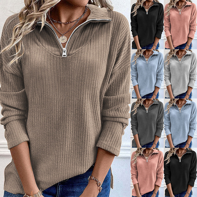 Damen Rippstrick Feinstrickpullover mit halbem Reißverschluss und Stehkragen Drune