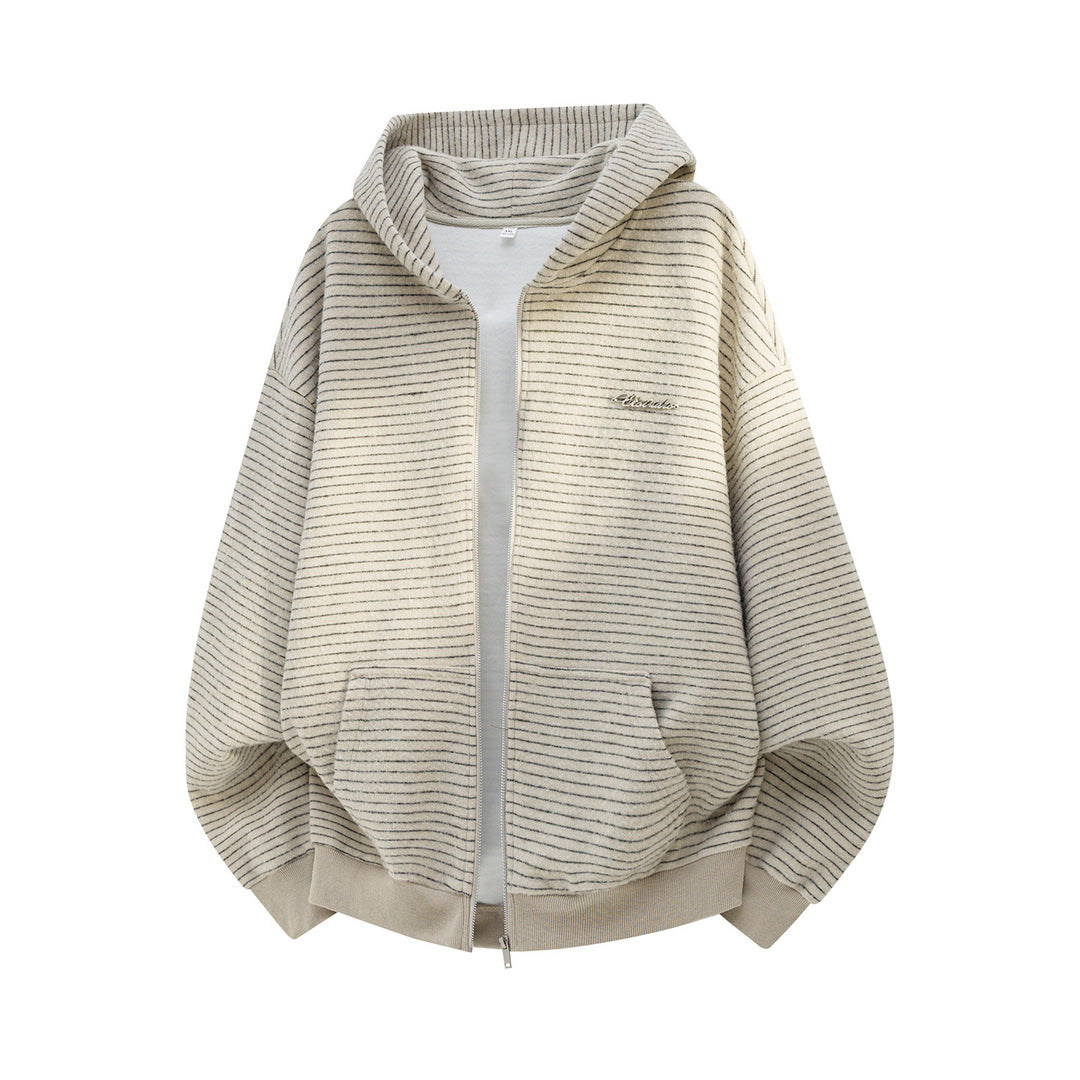 Unisex Oversize Kapuzenjacke mit durchgehendem Reißverschluss, feinem Streifenstrick und Kängurutaschen Drune