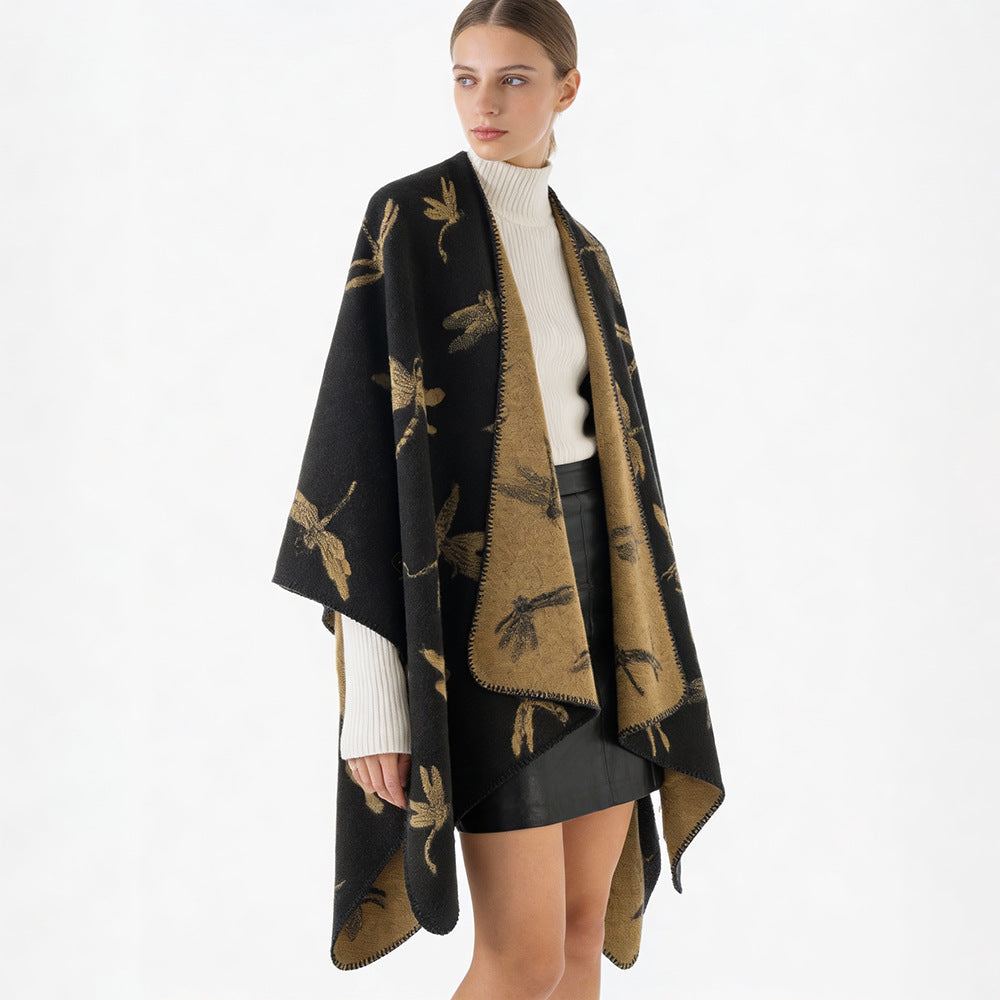 Damen Reversibler Cape-Poncho mit Libellen-Jacquard und feinem Saum Drune