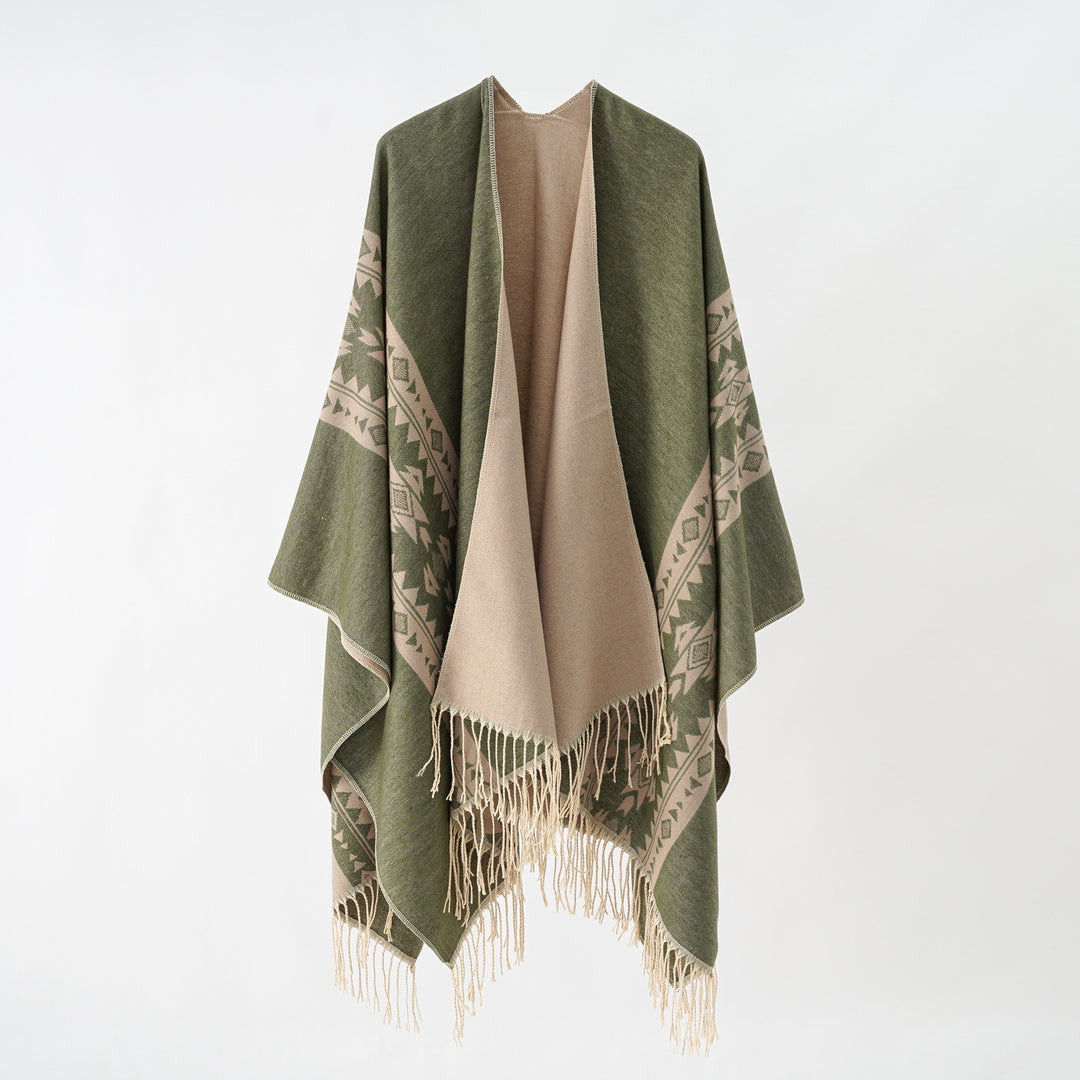 Damen Kaschmir‑Optik Überwurfponcho mit geometrischer Bordüren‑Jacquard und Fransen Drune