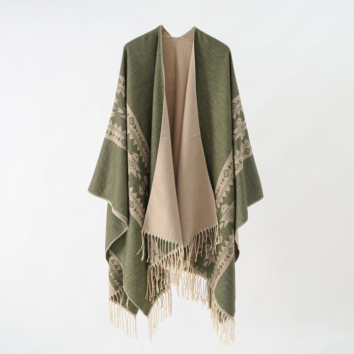 Damen Kaschmir‑Optik Überwurfponcho mit geometrischer Bordüren‑Jacquard und Fransen Drune