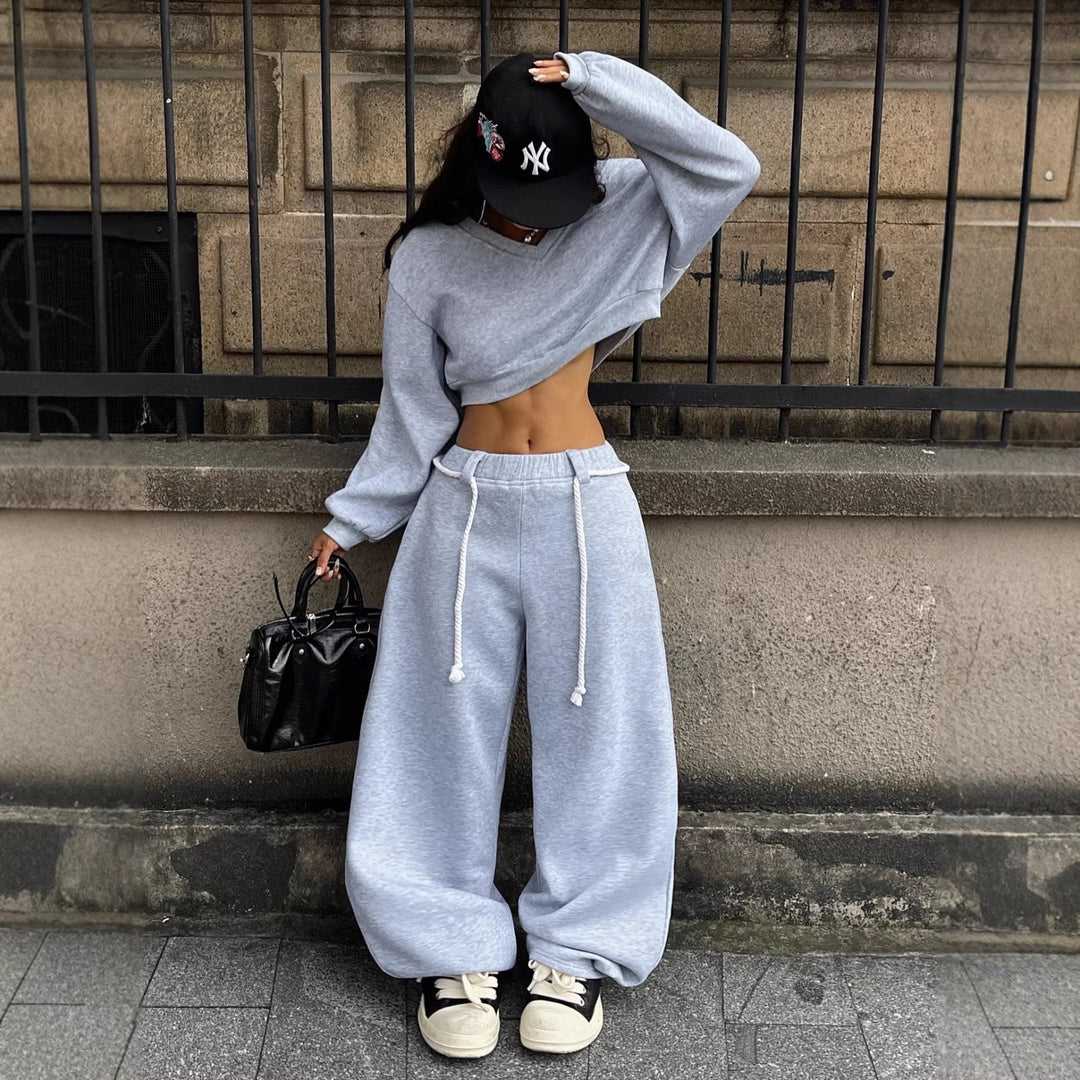 Damen lässiges Crop-Top und weite Hose Set Drune