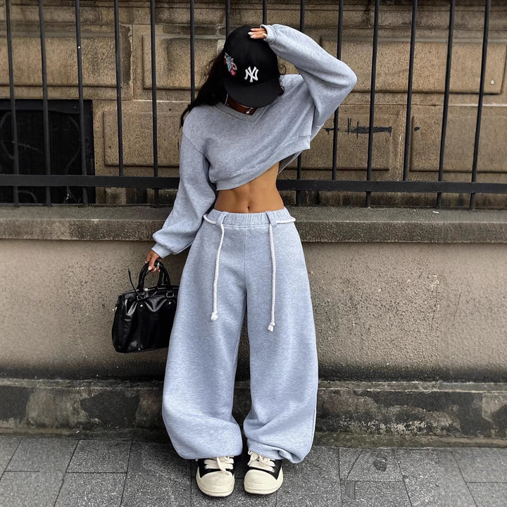 Damen lässiges Crop-Top und weite Hose Set Drune