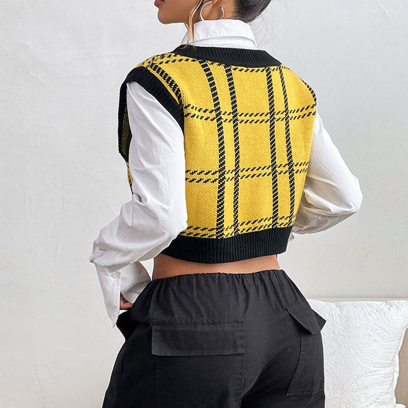 Damen Kurzgeschnittener Strickpullunder mit tiefem V-Ausschnitt und Glencheck-Karo Drune