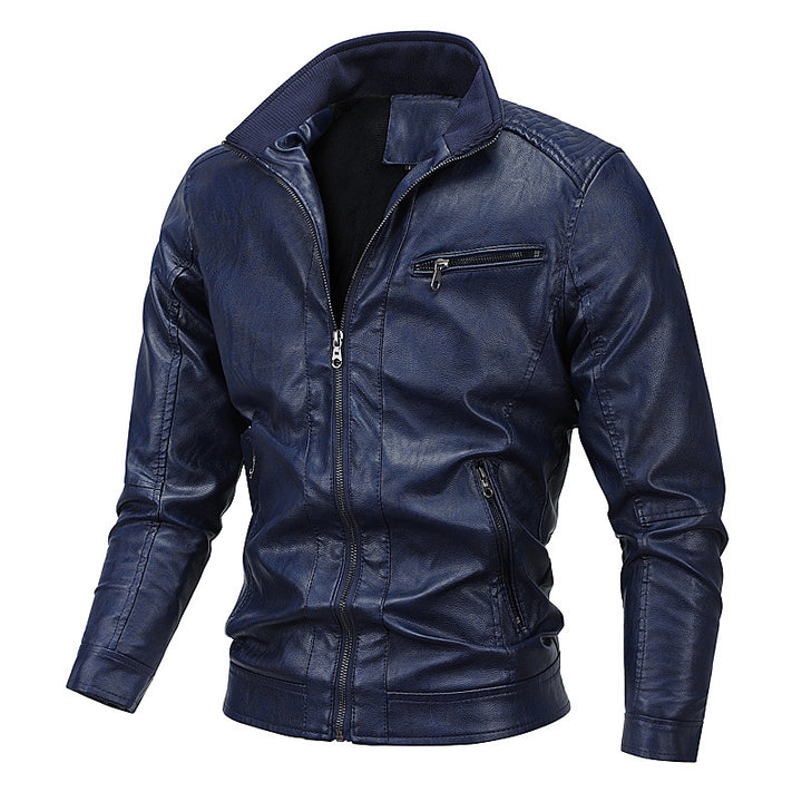 Herren Slim-Fit Kunstlederblouson mit gesteppter Schulterpartie und Stehkragen Drune