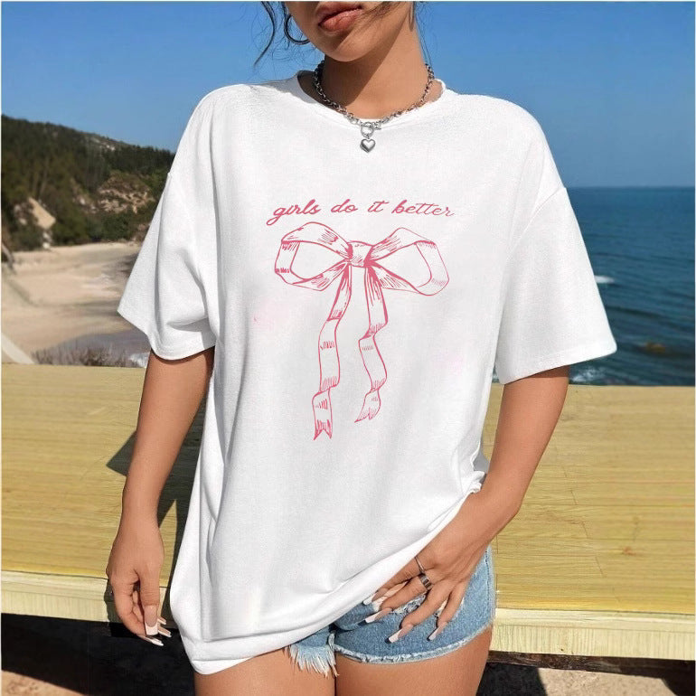 Damen T-Shirt mit kreativem Katzenmotiv und verspielter Schleife Drune