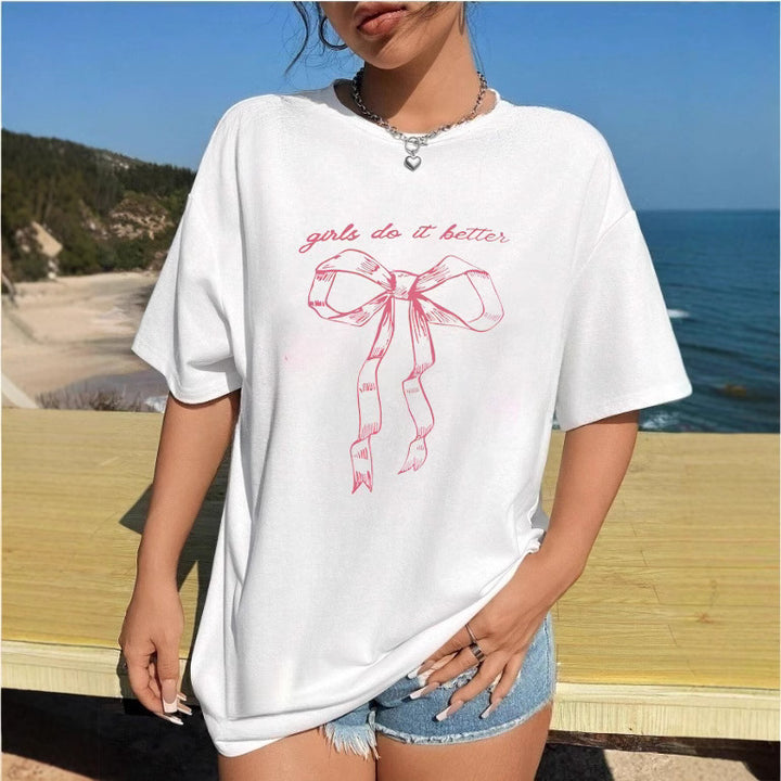Damen T-Shirt mit kreativem Katzenmotiv und verspielter Schleife Drune