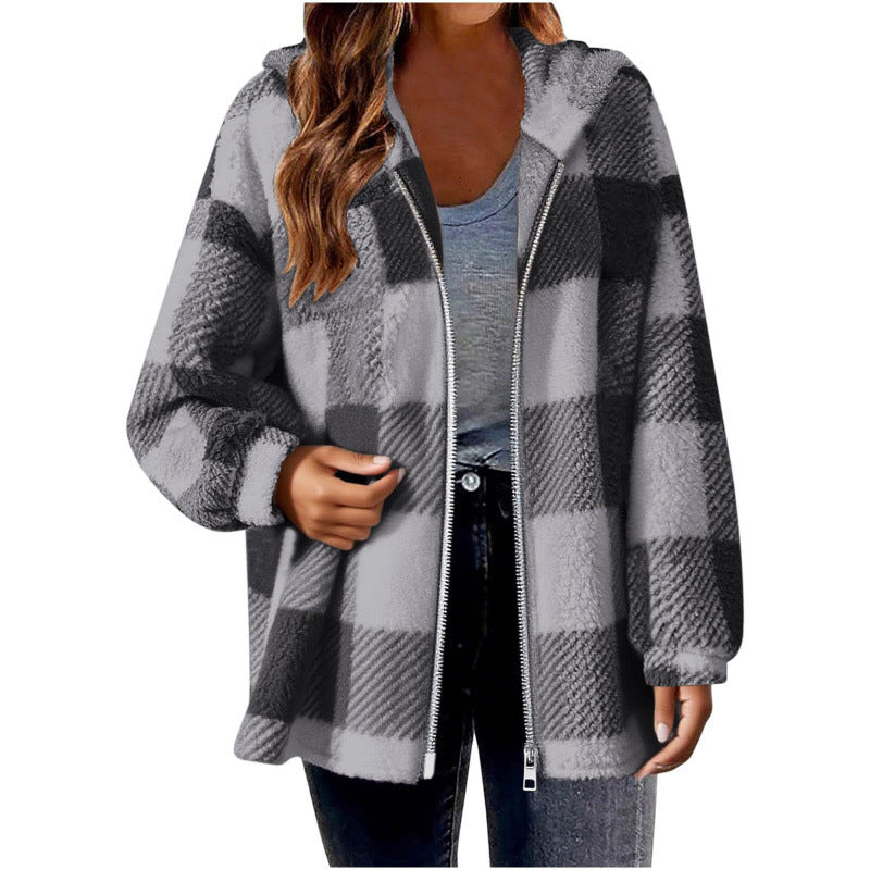 Damen Fleecejacke mit Karo-Muster und Kapuze Drune