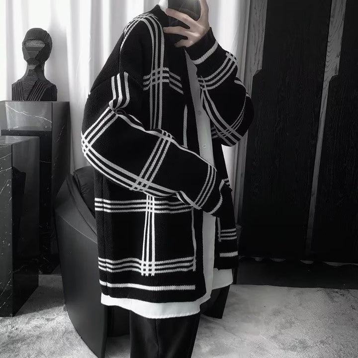 Herren Oversized Strickcardigan mit Karomuster und offener Front Drune