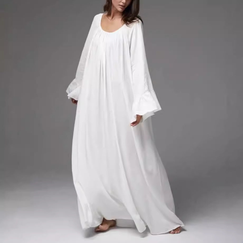 Damen Elegantes Maxi-Nachtkleid mit weiten Rüschensäumen und fließendem Schnitt Drune