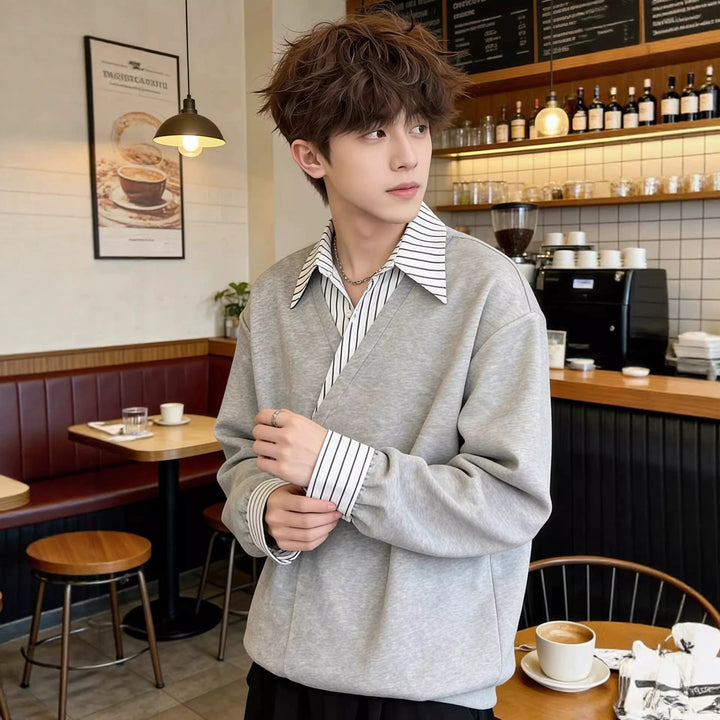 Herren Oversize Pullover mit eingearbeitetem Hemdkragen und V‑Overlap Drune