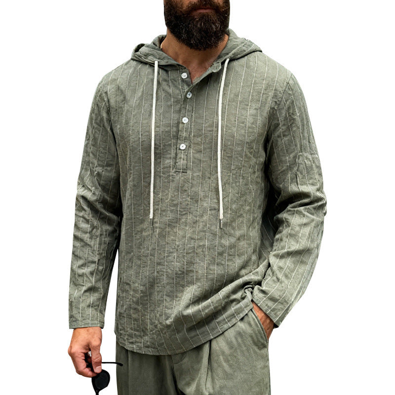 Herren nan Kapuzenshirt aus Leinenmix mit halber Knopfleiste und Nadelstreifen Drune