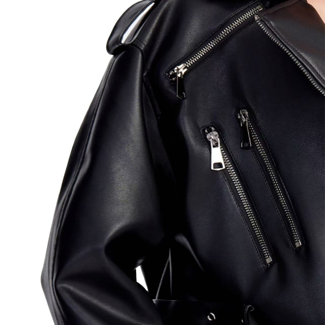 Damen Modische Bikerjacke mit Taillengürtel Drune