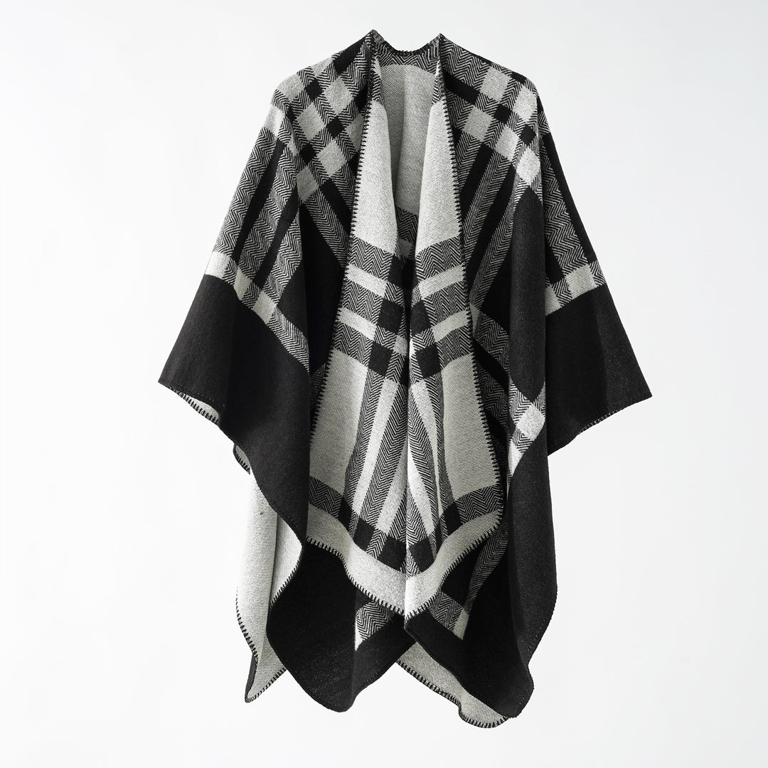 Damen Oversize-Webponcho im kastigen Kimono-Fall mit geometrischer Karo-Struktur Drune