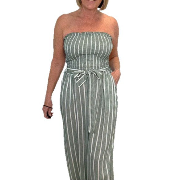 Damen Eleganter Jumpsuit mit gestreiftem Design und Gürtel Drune