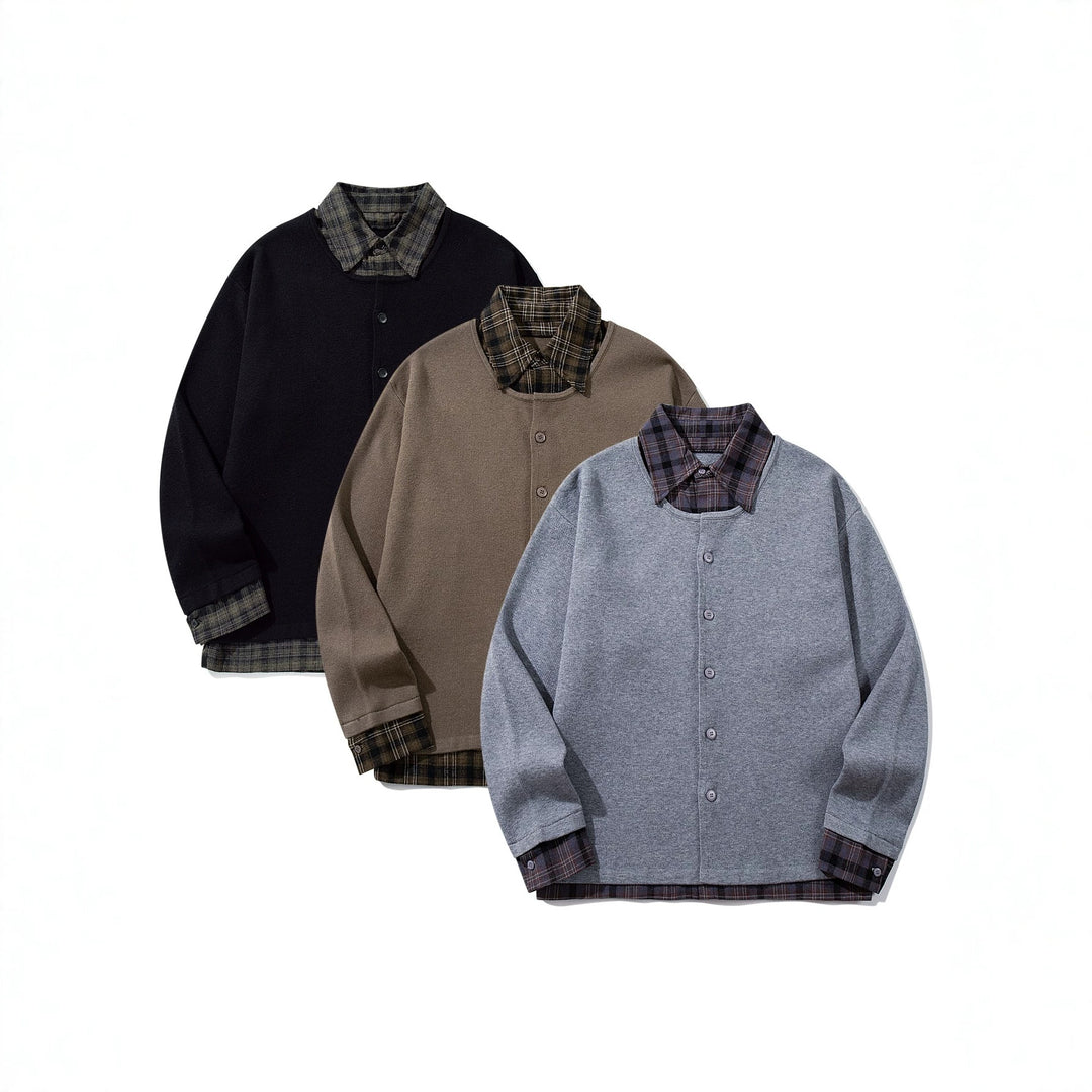 Herren Karierter Flanellhemd-Layer mit offenem Strickcardigan Drune