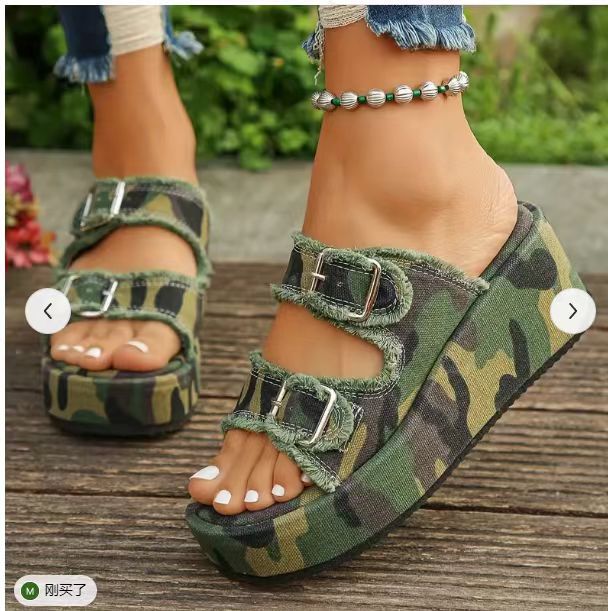Damen bequeme Plattformsandalen aus Denim mit doppeltem Riemen Drune