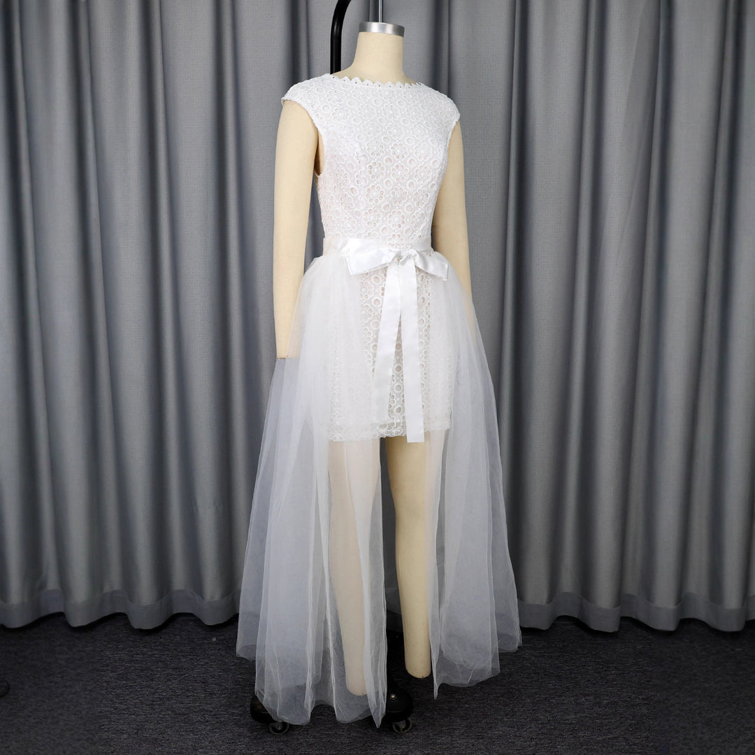 Damen Midi-Brautkleid mit verziertem Oberteil und transparentem Tüll Überrock Drune