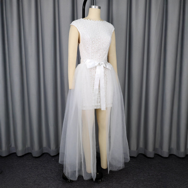 Damen Midi-Brautkleid mit verziertem Oberteil und transparentem Tüll Überrock Drune