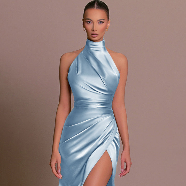Drune | Brautjungfernkleid Satin Halter Offene Rückseite Ärmellos Elegant Hochzeit Cocktail Zeremonie Gast