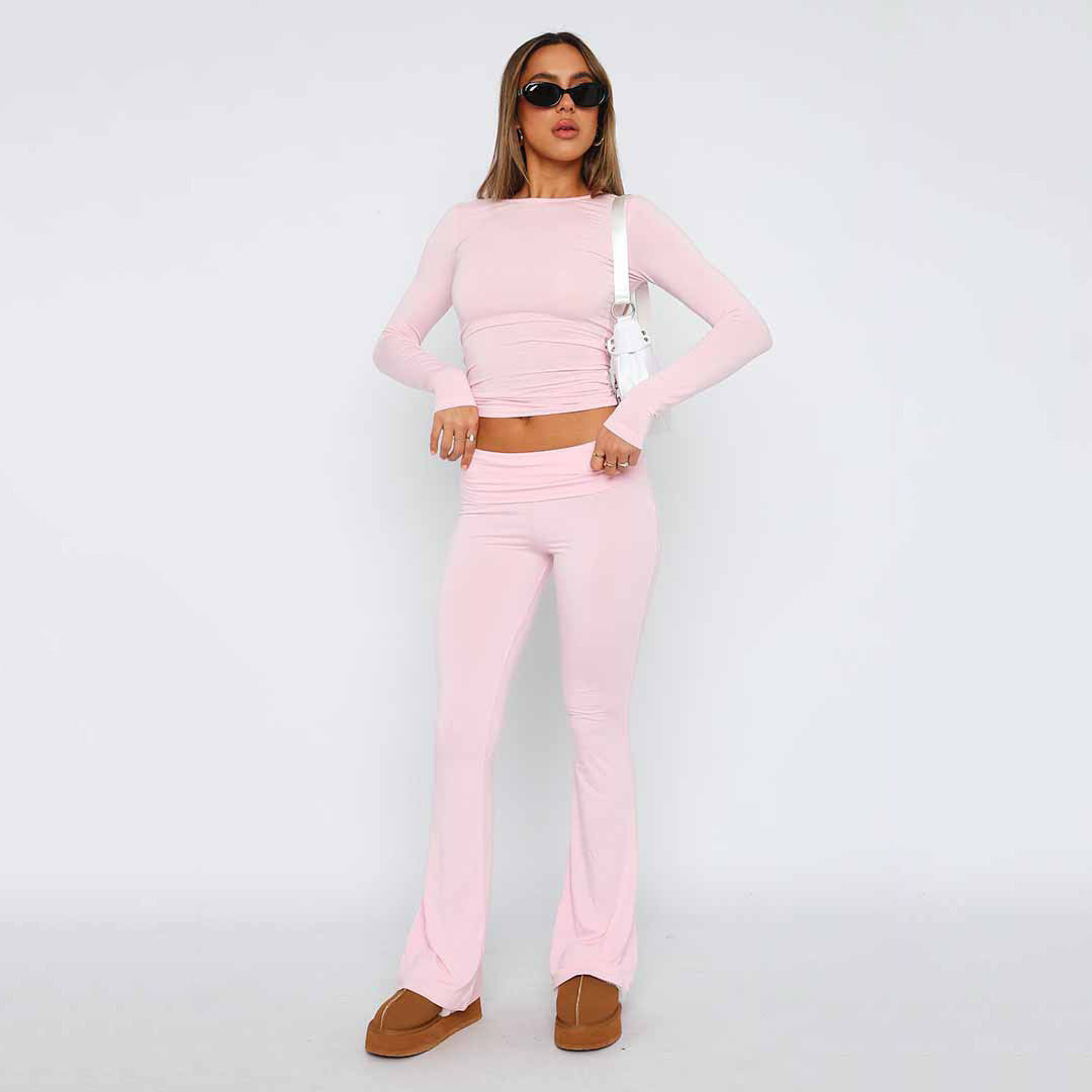 Damen Stretch Lounge Set mit kurzärmligem Oberteil und weit geschnittenen High-Waist-Hosen Drune