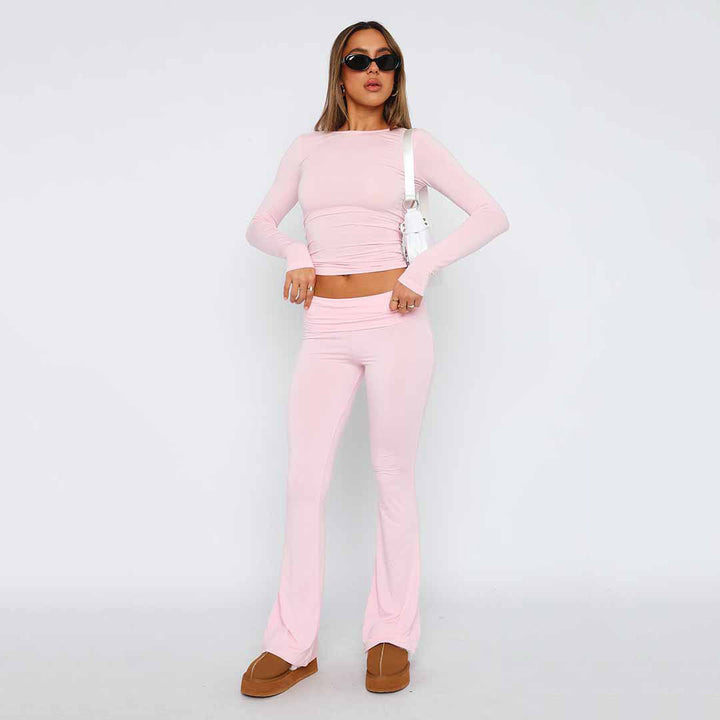 Damen Stretch Lounge Set mit kurzärmligem Oberteil und weit geschnittenen High-Waist-Hosen Drune