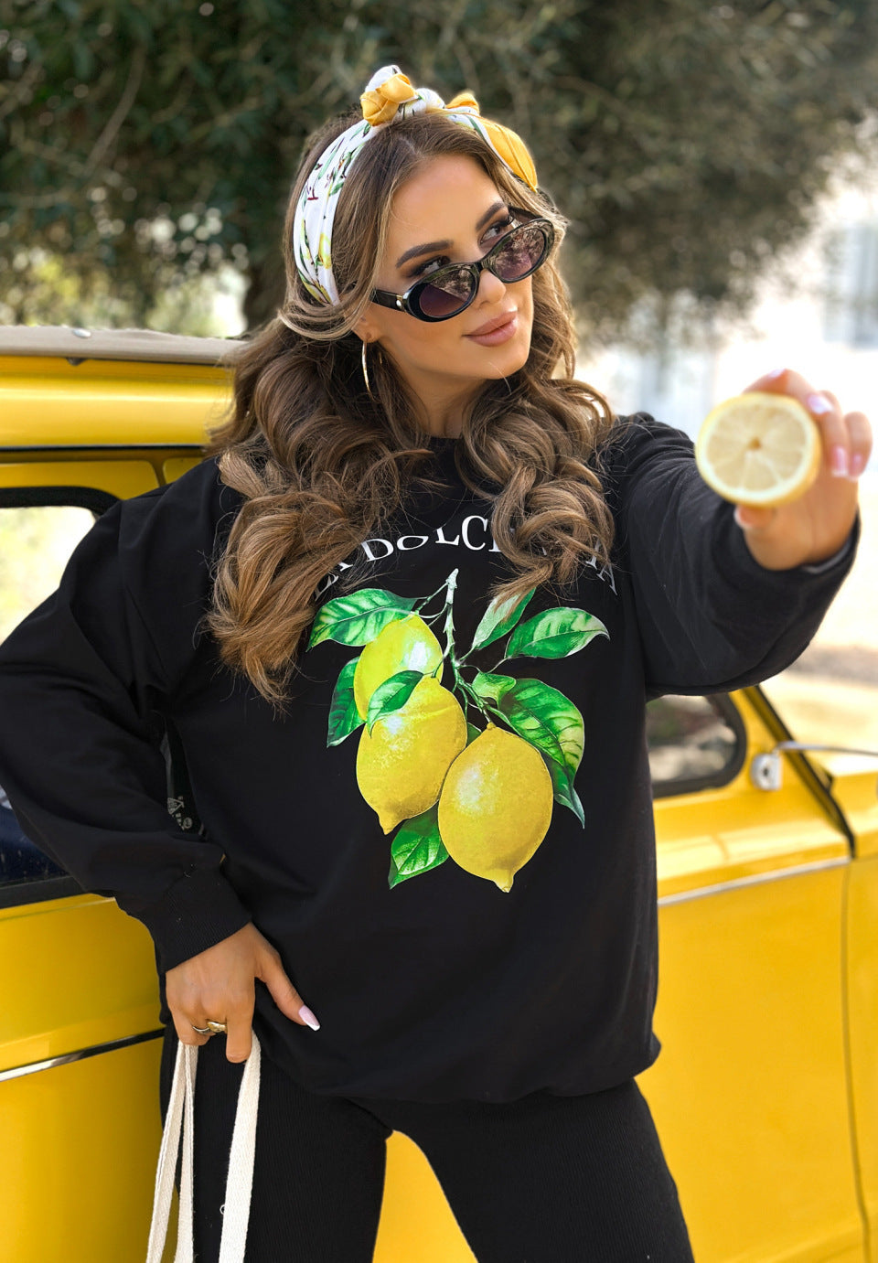 Damen lässiges Sweatshirt-Set mit Zitronenprint und gerippten Leggings Drune