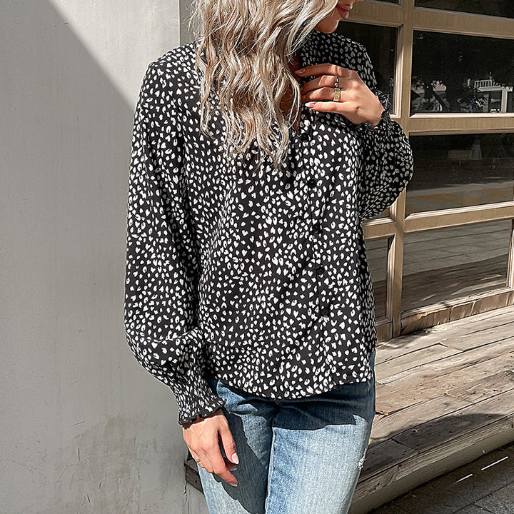Damen Leichtfall-Bluse mit V-Ausschnitt, durchgehender Knopfleiste und gerüschten Manschetten Drune