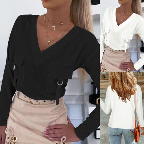 Damen V-Ausschnitt Sweatshirt mit Cargo-Taschen und D-Ring-Details Drune