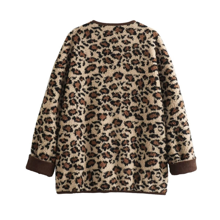 Damen nan Lammfellimitat Jacke mit Leopardmuster, Cordbesatz, durchgehender Knopfleiste und aufgesetzten Taschen Drune