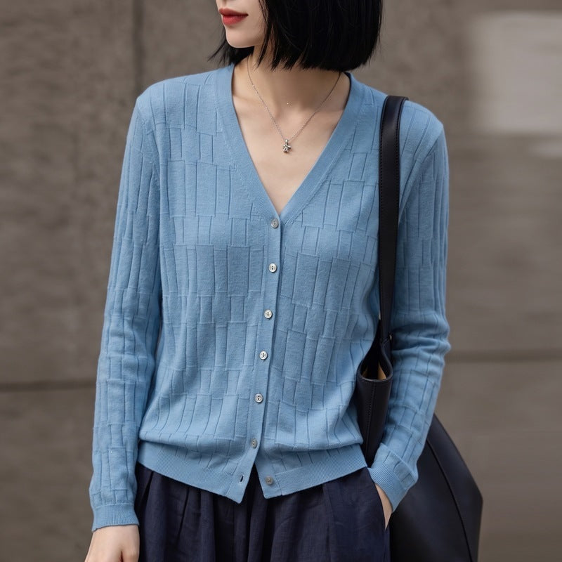 Damen V‑Ausschnitt-Feinstrickcardigan mit strukturierter Blockoptik und durchgehender Knopfleiste Drune