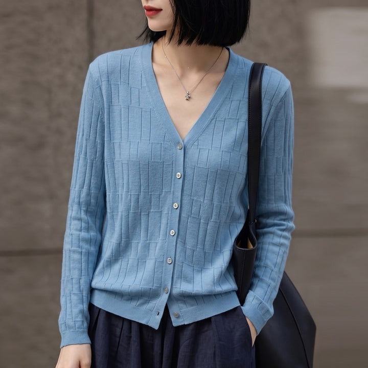 Damen V‑Ausschnitt-Feinstrickcardigan mit strukturierter Blockoptik und durchgehender Knopfleiste Drune