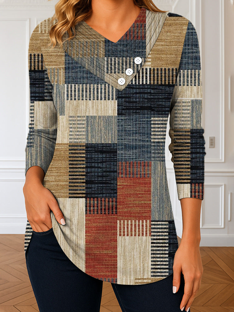 Damen Langarm-Tunika mit asymmetrischem V-Ausschnitt, Zierknopfleiste und kariertem Patchworkmuster Drune