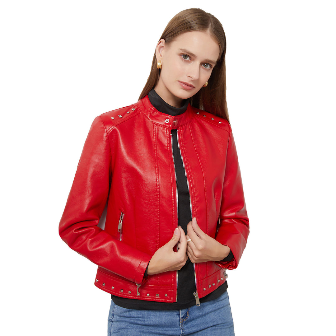 Damen nan kurze taillierte Kunstlederjacke mit Stehkragen Zwei-Wege-Reißverschluss und Ziernietensaum Drune
