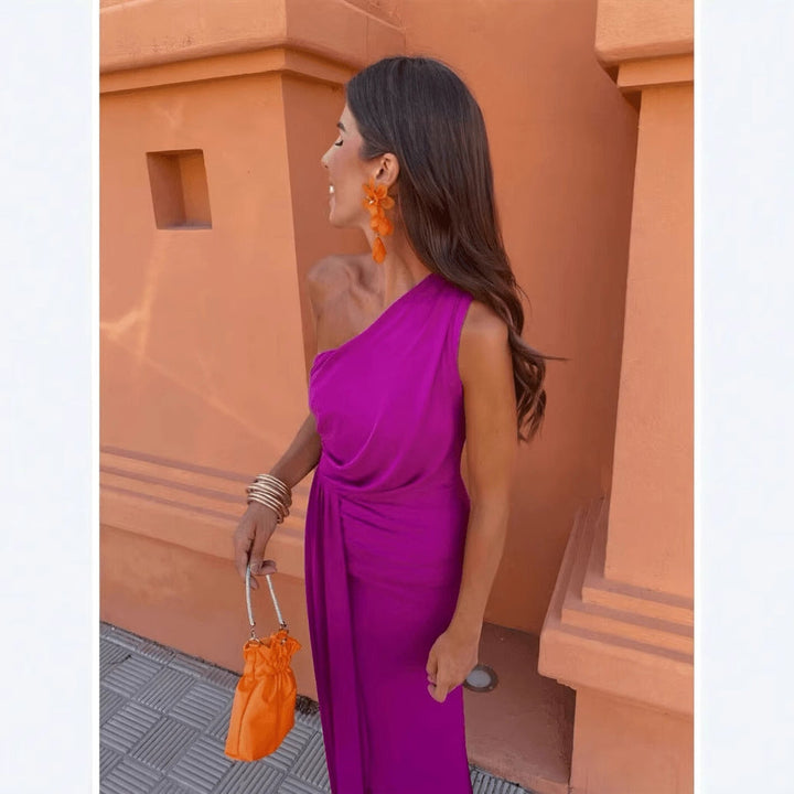 Damen Maxikleid mit asymmetrischem Ärmeldesign und eleganter Drapierung Drune