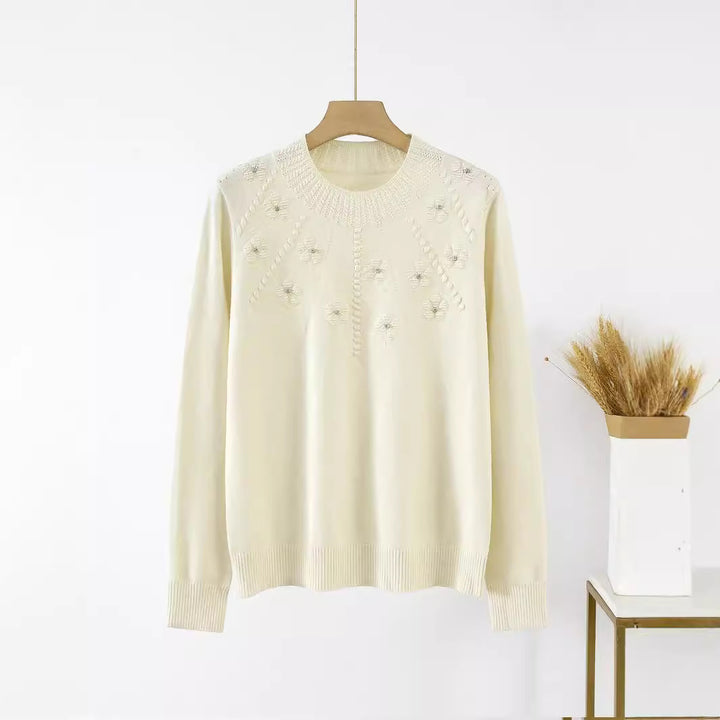 Damen Eleganter Strickpullover mit floralem Muster und Rundhalsausschnitt Drune