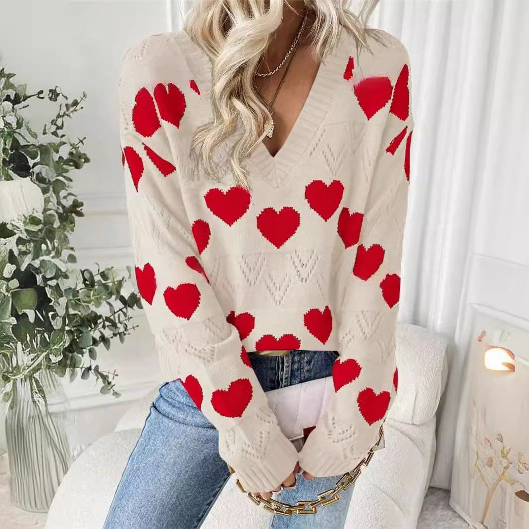 Damen kuscheliger Pullover mit herzförmigem Muster und V-Ausschnitt Drune