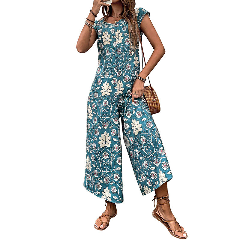 Damen lässiger Jumpsuit mit floralem Design und hohen Beinen Drune