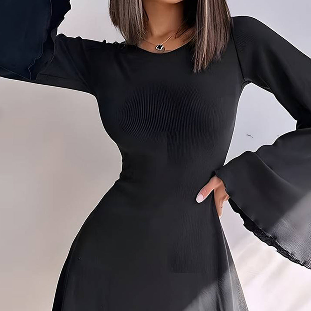 Damen A-Linien Minikleid mit ausgestellten Trompetenärmeln und taillierter Silhouette Drune