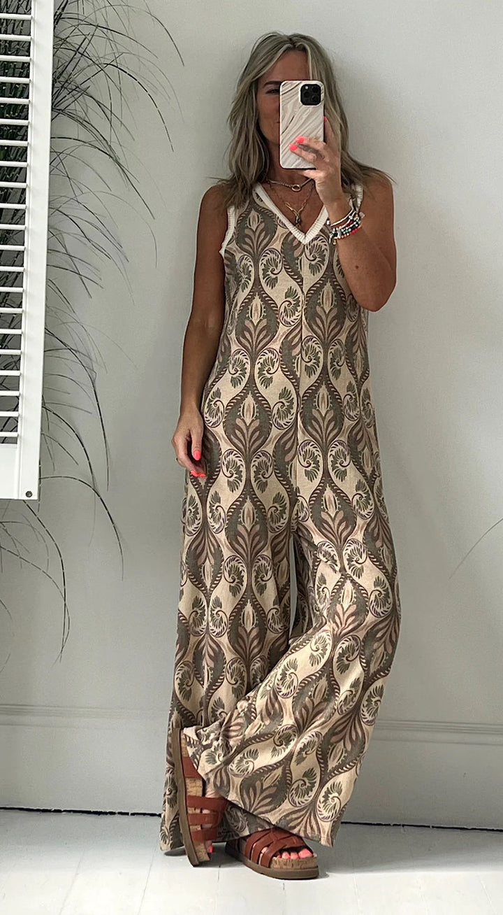 Damen Jumpsuit mit weitem Bein und elegantem Blattmuster Drune