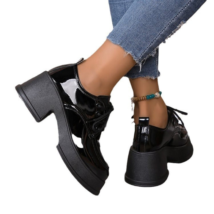 Damen Schnürschuhe mit glänzender Oberfläche und modischem Blockabsatz Drune