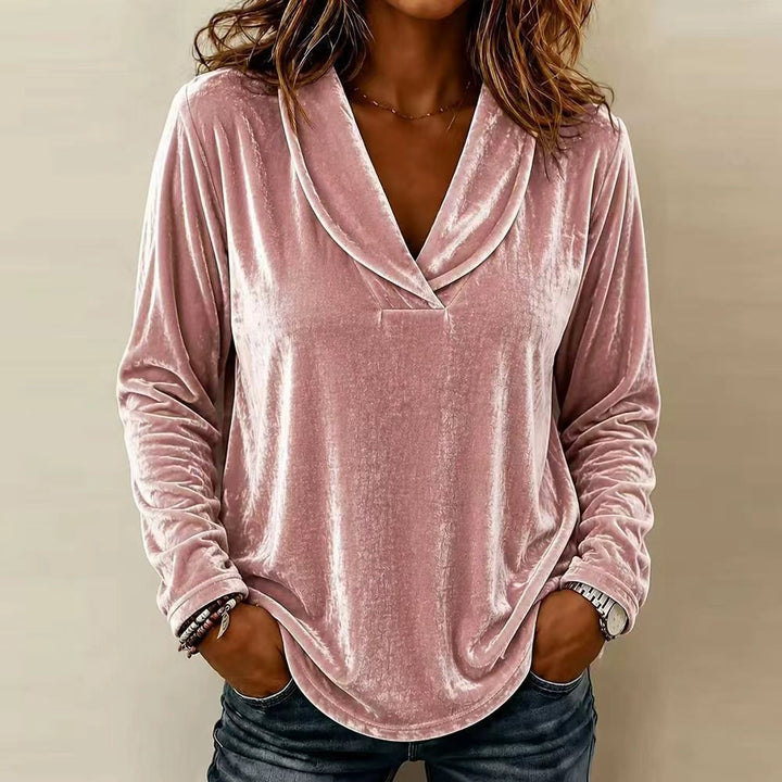 Damen Velours-Longsleeve mit tiefem Schalkragen und gerundetem Saum Drune