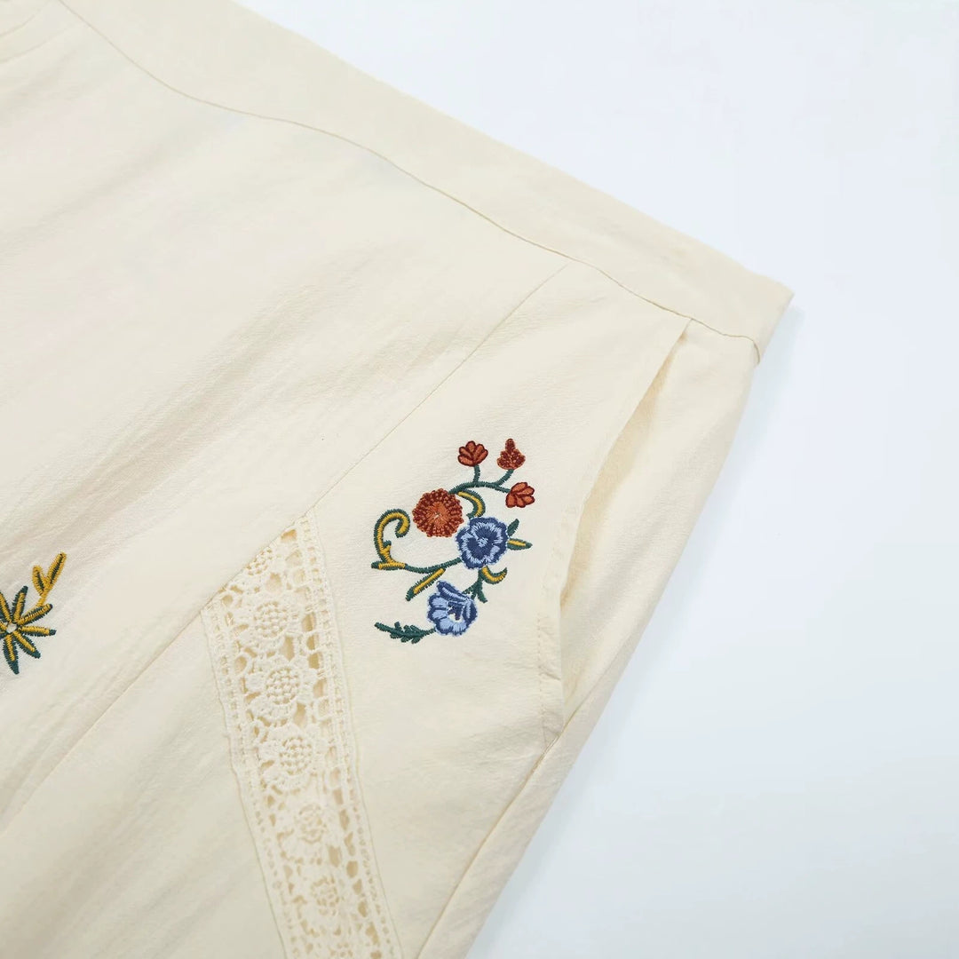 Damen Locker geschnittene Boho-Hose mit floraler Stickerei, Spitzeneinsätzen und elastischen Bündchen Drune