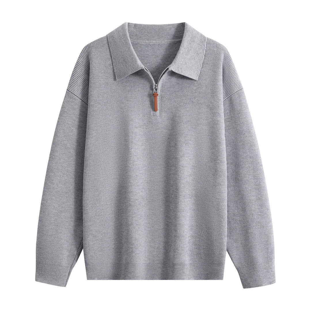 Damen Oversize Rippstrick-Pullover mit Polokragen & Kurz‑Zip Drune