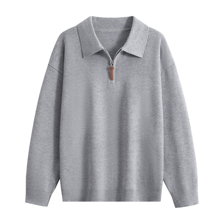 Damen Oversize Rippstrick-Pullover mit Polokragen & Kurz‑Zip Drune