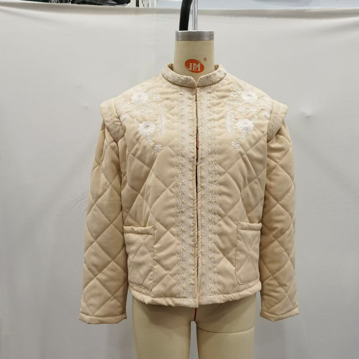 Damen nan gesteppte Jacke mit floraler Stickbordüre, geradem Schnitt und Rundhals Drune