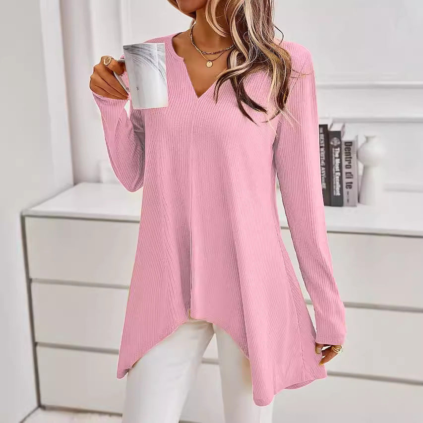 Damen Ripp Longsleeve Tunika mit V-Ausschnitt und asymmetrischem Haifischsaum Drune