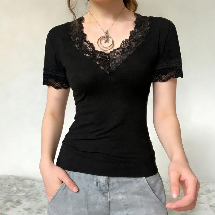 Damen T-Shirt mit Spitzenbesatz und V-Ausschnitt Drune