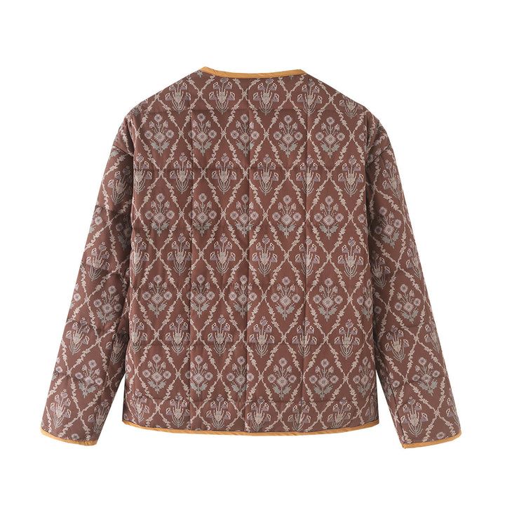 Damen nan leichte gesteppte Jacquard-Steppjacke mit Rundhalsausschnitt, Kontrastpaspel und aufgesetzten Klappentaschen Drune